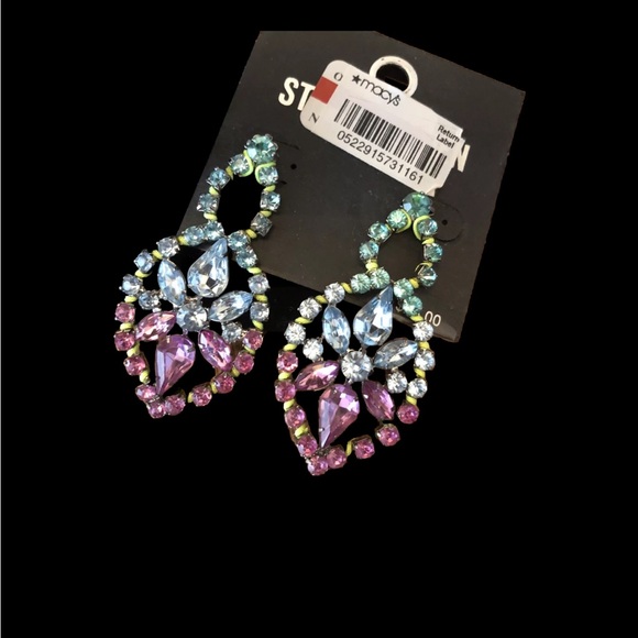 Steve Madden Colorful Crystal Pink Baby Blue Statement Earrings - Picture 2 of 8